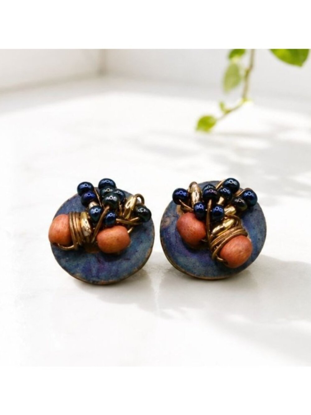 Vintage Clip-On Earrings With Beaded Design & Gold Wire Detailing Multicolor 1 I